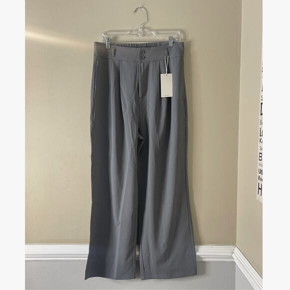 Halara Large Petite High Waist Button Front Shirred Straight Leg Work Pants - Picture 1 of 10